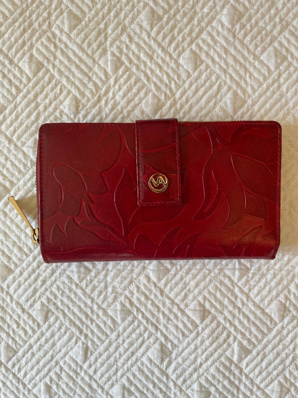 Valentina Made in Italy ruby red floral leaf embossed leather clutch wallet